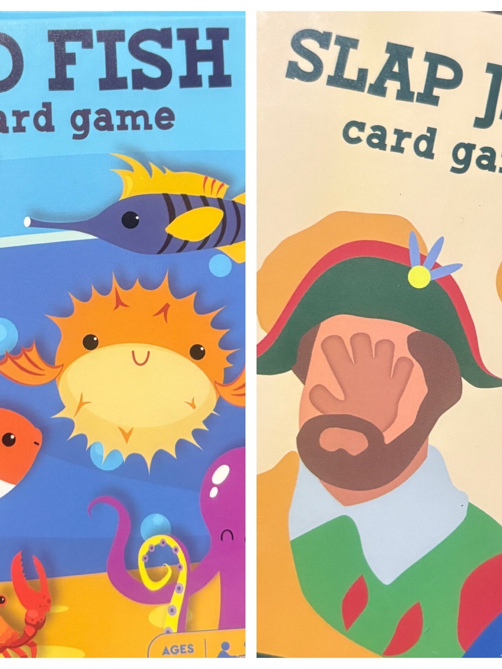 2 decks of kids card games , slap jack and go fish .
